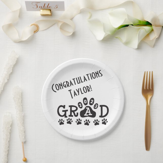 class of 2023 white black grad paw prints paper plate (Wedding)