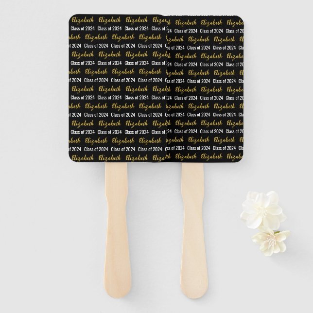 Class of 2024 and Graduate's Name Black White Gold Hand Fan (Front and Back)