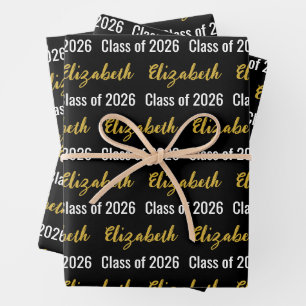 Class of 2024 and Graduate's Name Black White Gold Wrapping Paper Sheet
