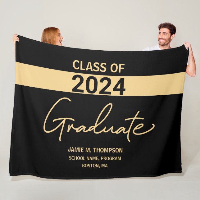 Class of 2024 Black Gold Personalised Graduation Fleece Blanket (In Situ)