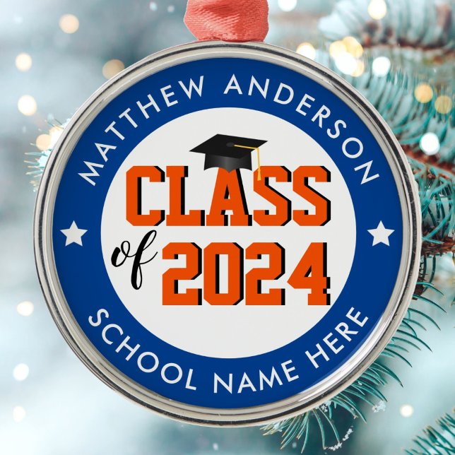 Class of 2024 Blue and Orange Graduate Graduation  Metal Ornament (Creator Uploaded)