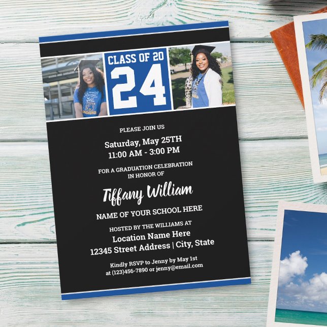 Class of 2024 Blue Black Photo Collage Graduation Invitation (Creator Uploaded)