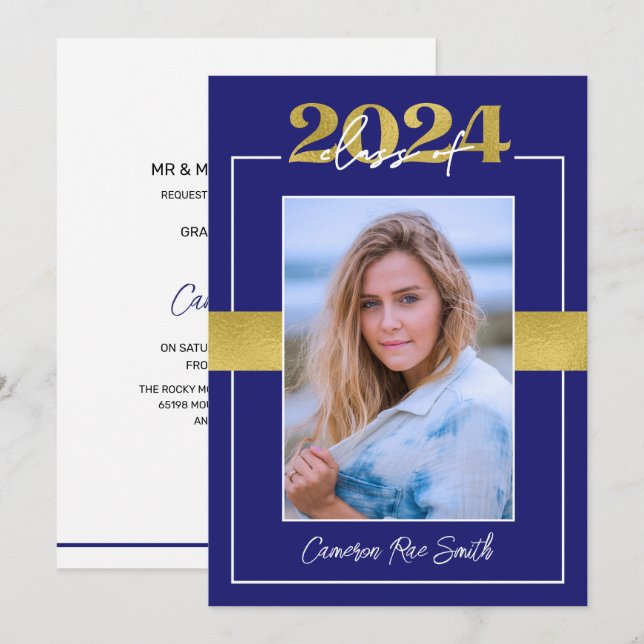 Class of 2024 Blue & Gold Graduation Party Invitation (Front/Back)