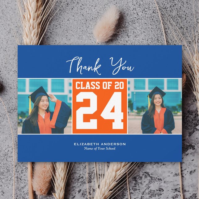 Class of 2024 Blue Orange Graduation Photo Collage Thank You Card (Creator Uploaded)