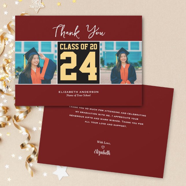 Class of 2024 Burgundy Photo Collage Graduation Thank You Card (Creator Uploaded)