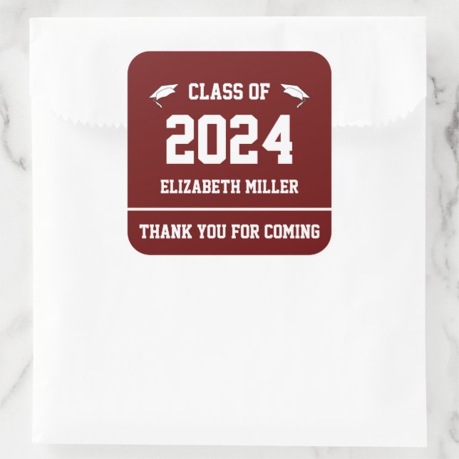 Class of 2024 Dark Red and White Graduation Favour Square Sticker (Bag)