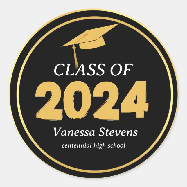 Class of 2024 Elegant Black Gold Personalised  Classic Round Sticker (Front)