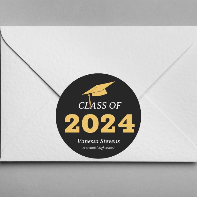 Class of 2024 Elegant Black Gold Personalised  Classic Round Sticker (Creator Uploaded)