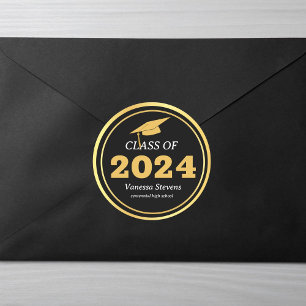 Class of 2024 Elegant Black Gold Personalised  Classic Round Sticker