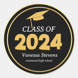 Class of 2024 Elegant Black Gold Personalized  Classic Round Sticker