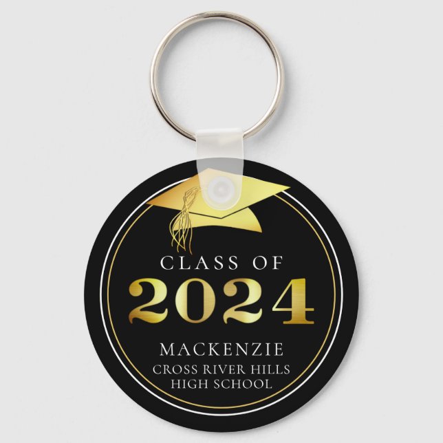 Class of 2024 Elegant Black Gold Personalized Key Ring (Front)