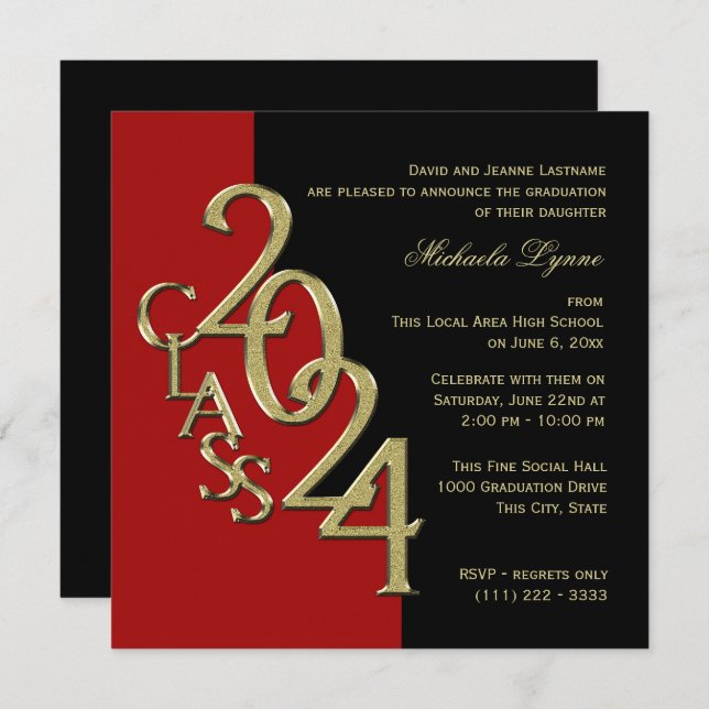 Class of 2024 Elegant Gold and Red Invitation (Front/Back)