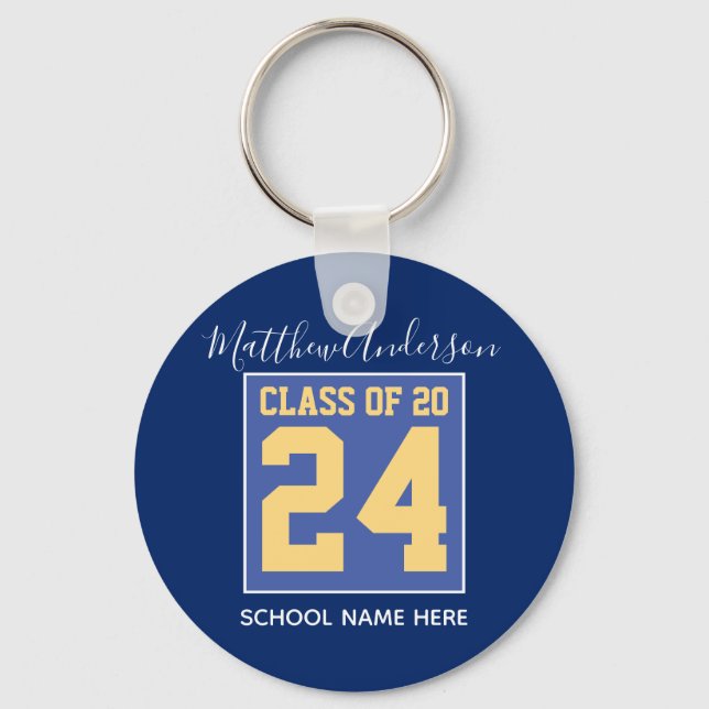 Class of 2024 Elegant Royal Blue & Gold Graduation Key Ring (Front)
