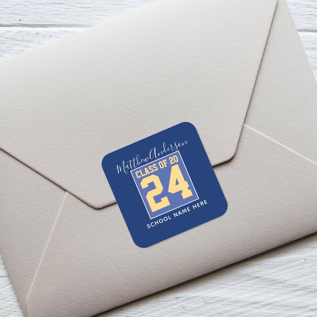 Class of 2024 Elegant Royal Blue & Gold Graduation Square Sticker (Creator Uploaded)