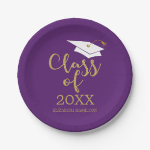 Class of 2024 Gold Glitter Calligraphy Purple Paper Plate