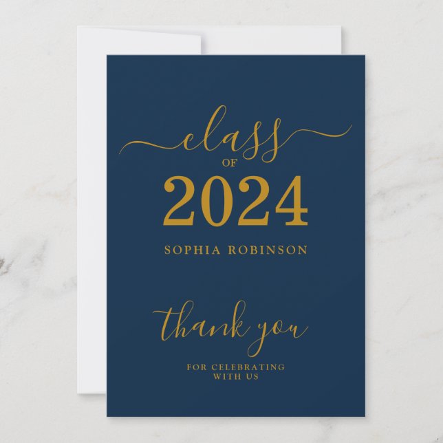 Class of 2024 Gold Navy Blue Grad Thank You Card (Front)