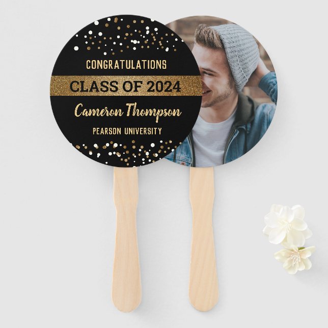 Class of 2024 gold white confetti Graduate photo Hand Fan (Front and Back)