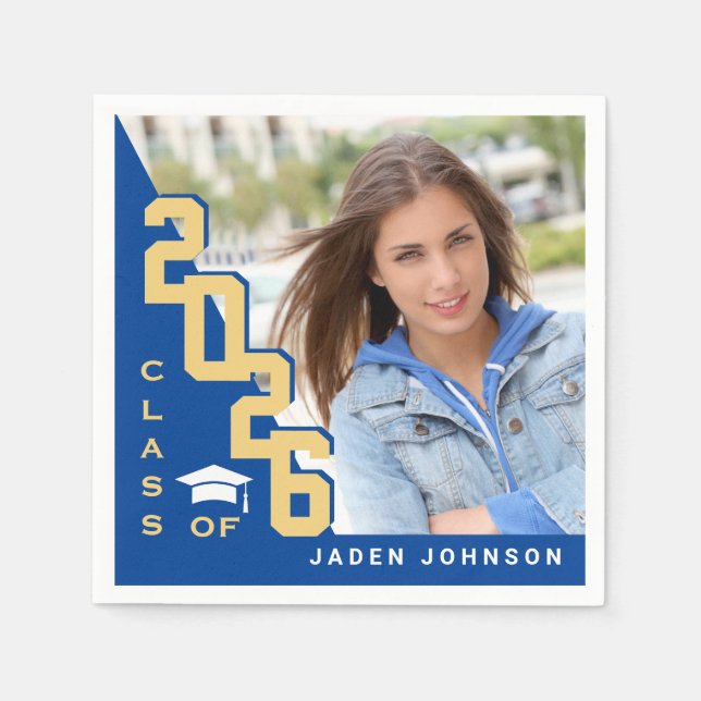 Class of 2024 Golden Blue PHOTO Graduation Party Napkin (Front)