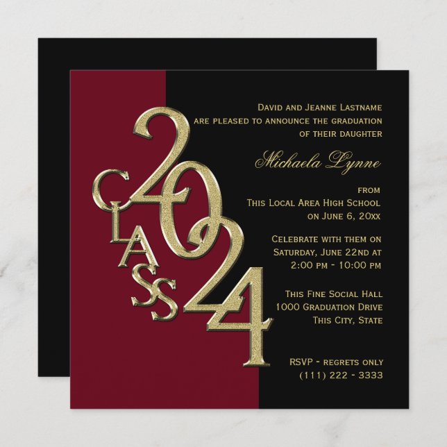 Class of 2024 Grad Burgundy and Gold Invitation (Front/Back)