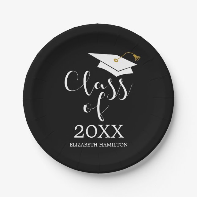 Class of 2024 Grad Cap Chic Calligraphy Paper Plate (Front)