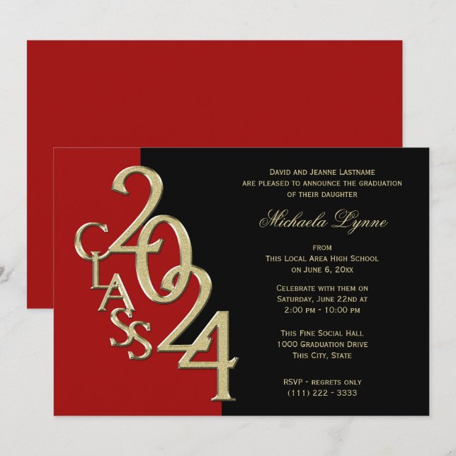 Class of 2024 Grad Gold with Colour Option Invitation (Front/Back)