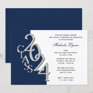 Class of 2024 Grad Silver and Navy Blue Invitation