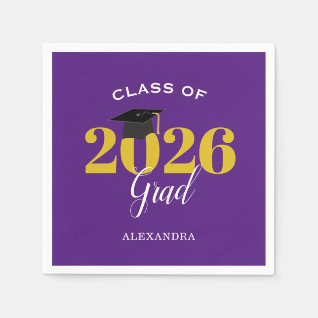 Class of 2024 Grad Simple Purple and Gold Napkin (Front)