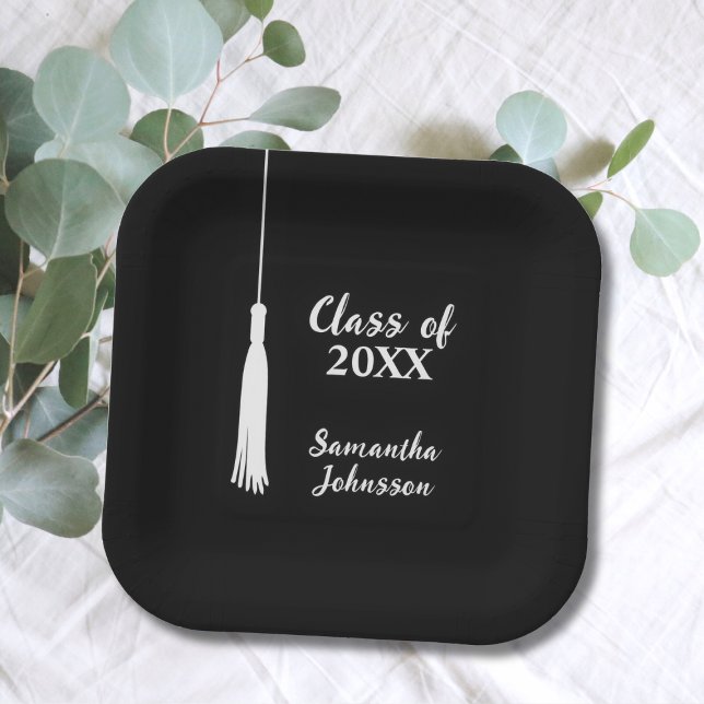 Class of 2024 Grad Tassel Personalised Graduation  Paper Plate (Class of 2024 Grad Tassel Personalized Graduation Paper Plates class of 2024 black and white)