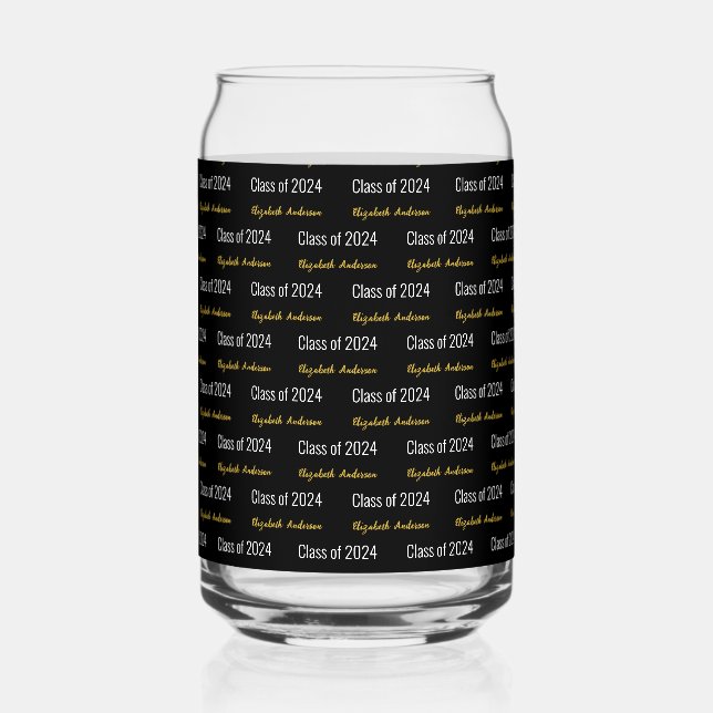 Class of 2024 Grad's Full Name Black White Gold Can Glass (Front)