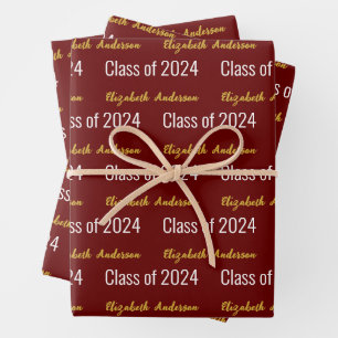 Class of 2024 Grads Full Name Dark Red White Gold Wrapping Paper Sheet