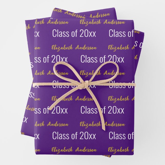 Class of 2024 Grads Full Name Purple White Gold Wrapping Paper Sheet (In situ)
