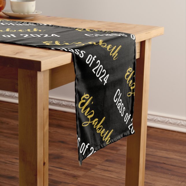 Class of 2024 Grad's Name Black White Gold Script Short Table Runner (In Situ)