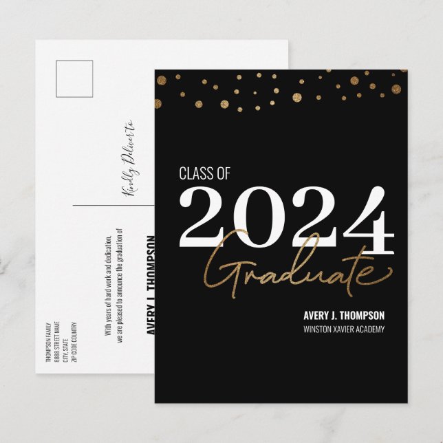 Class of 2024 Graduate Black Gold Graduation Announcement Postcard (Front/Back)