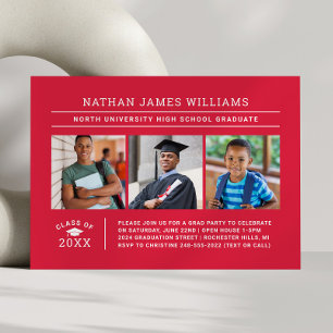 Class of 2024 Graduate Red 3 Photo Graduation Invitation