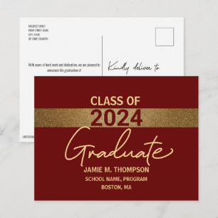 Class of 2024 Graduation Gold Burgundy Postcard