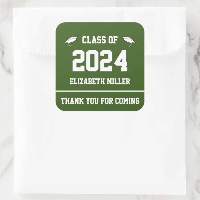 Class of 2024 Green and White Graduation Favour Square Sticker (Bag)