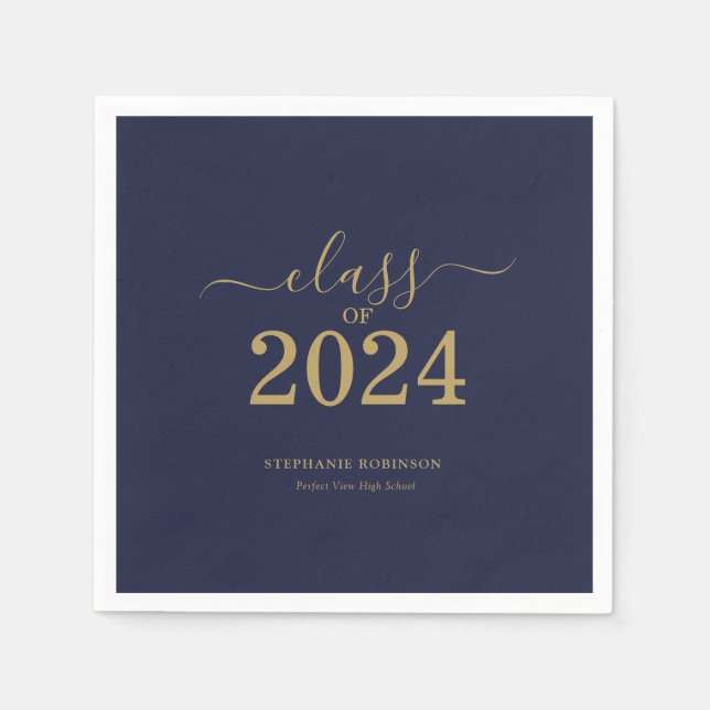 Class of 2024 Navy Blue Gold Graduation Party Napkin (Front)