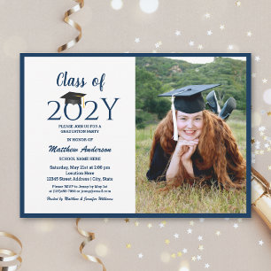 Class of 2024 Navy Blue Graduate Photo Graduation Invitation