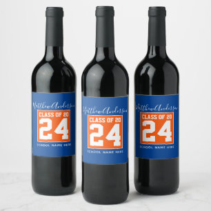 Class of 2024 Orange and Blue Graduation Party Wine Label