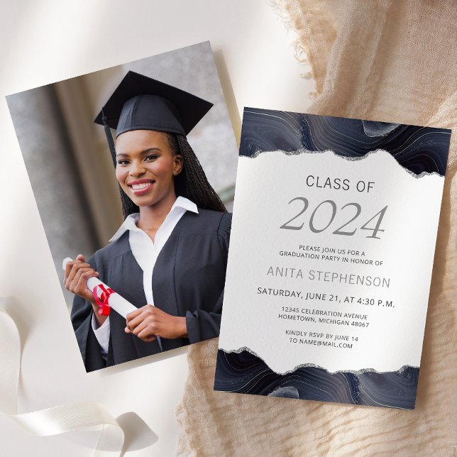 Class of 2024 Photo Blue Grey Agate Graduation Invitation (Creator Uploaded)