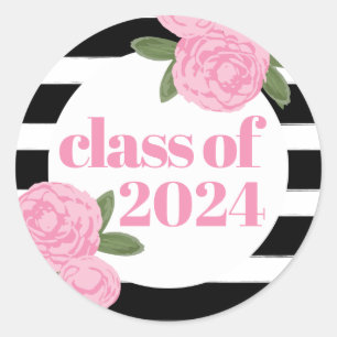 Class of 2024 Pink Roses Black + White Stripe Classic Round Sticker