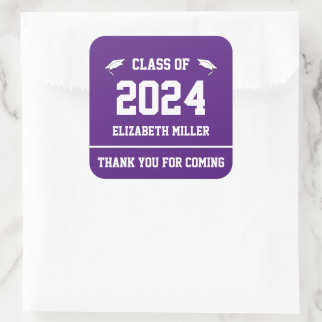 Class of 2024 Purple and White Graduation Favour Square Sticker (Bag)