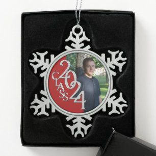 Class of 2024 Red Graduation Photo Snowflake Pewter Christmas Ornament