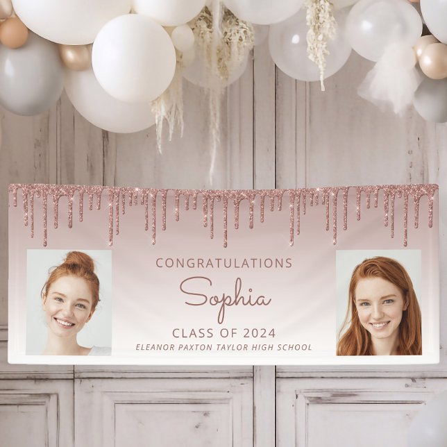 Class of 2024 Rose Gold Glitter 2-Photo Graduation Banner (Creator Uploaded)