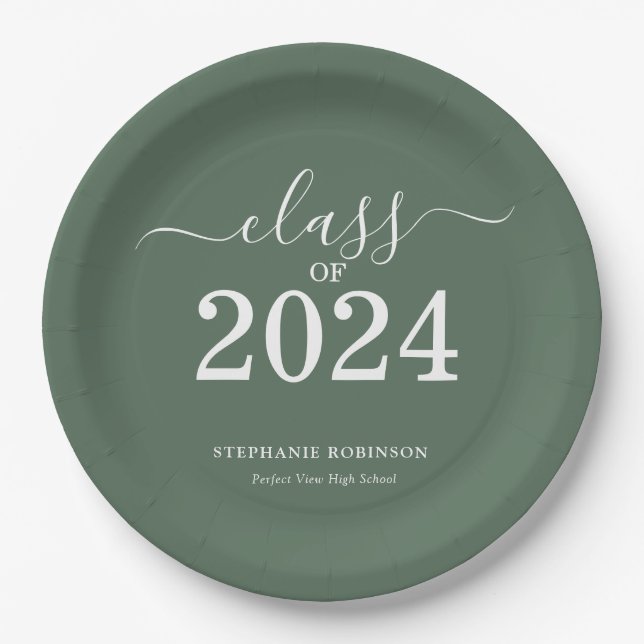 Class of 2024 Sage Green Graduation Party Paper Plate (Front)