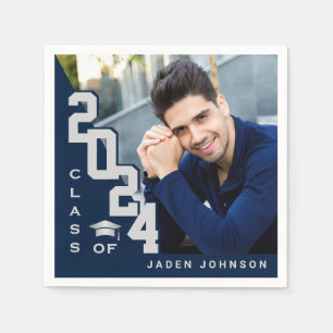 Class of 2024 Silver Navy PHOTO Graduation Party Napkin