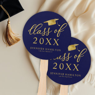 Class Of 2024 Simple Elegant Gold Blue Graduation Hand Fan