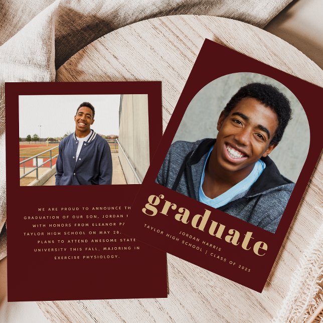 Class of 2025 Arch Burgundy Gold Photo Graduation Announcement (Creator Uploaded)