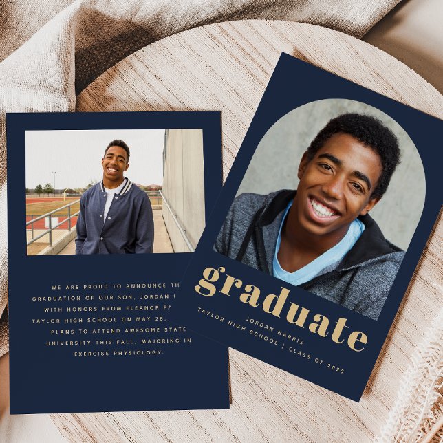 Class of 2025 Arch Navy Blue Gold Photo Graduation Announcement (Creator Uploaded)