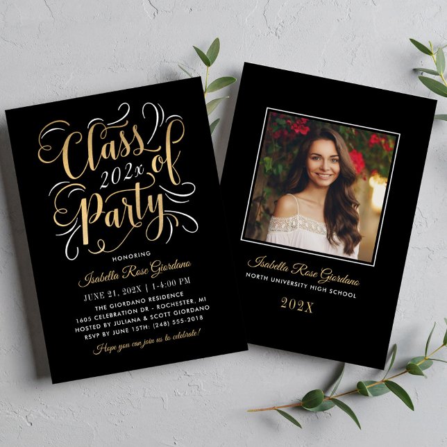 Class of 2025 Black Gold Graduation Party Photo Invitation (Creator Uploaded)